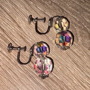 Vintage Continental borealis Crystal Clip-On Earrings Silvertone